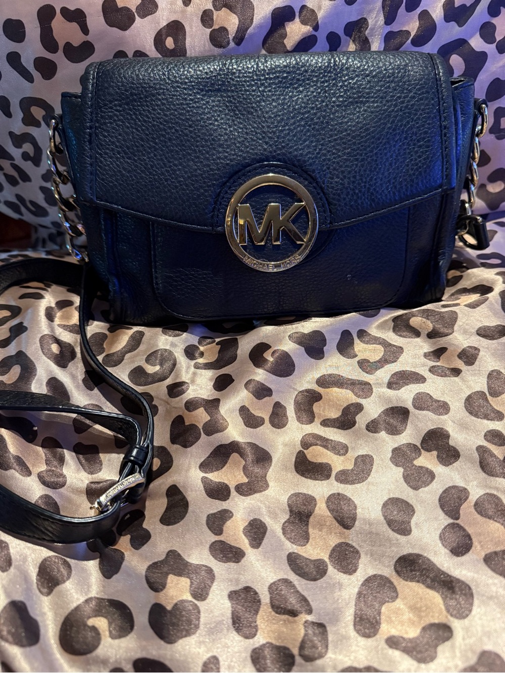 Michael Kors Navy Pebbled Leather Crossbody with Gold MK Logo